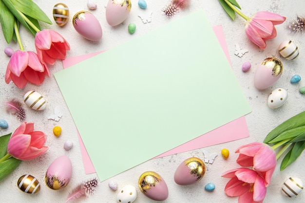 Pink tulips and Easter eggs background