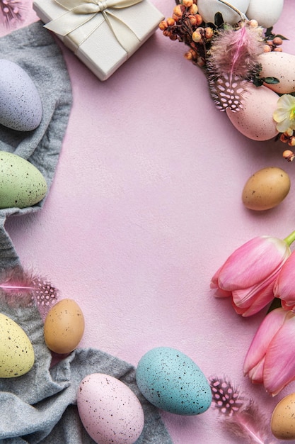 Pink tulips and Easter eggs background