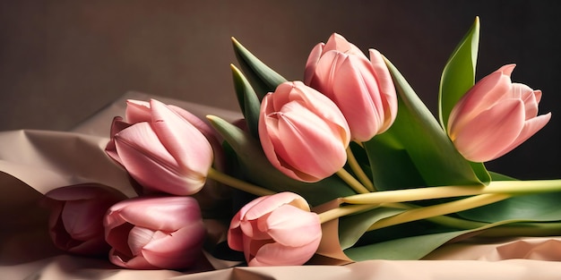 Pink tulips on folded paper background