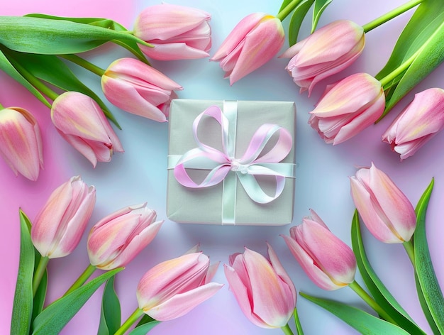 Pink Tulips and Gift Box on Pink Background