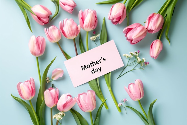 Pink tulips gypsophila and card with text Hello March on blue background