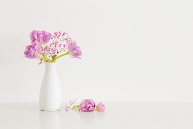 Pink tulips and gypsophila on white background