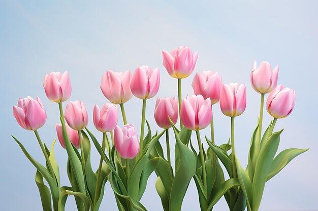 Pink tulips laid on a white rustic wooden background