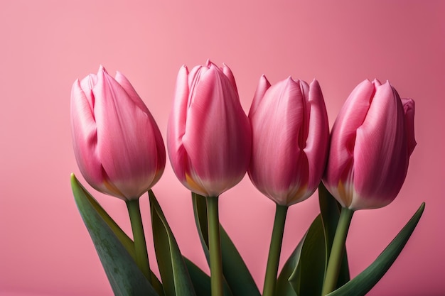 Pink tulips lying on pink background generative ai