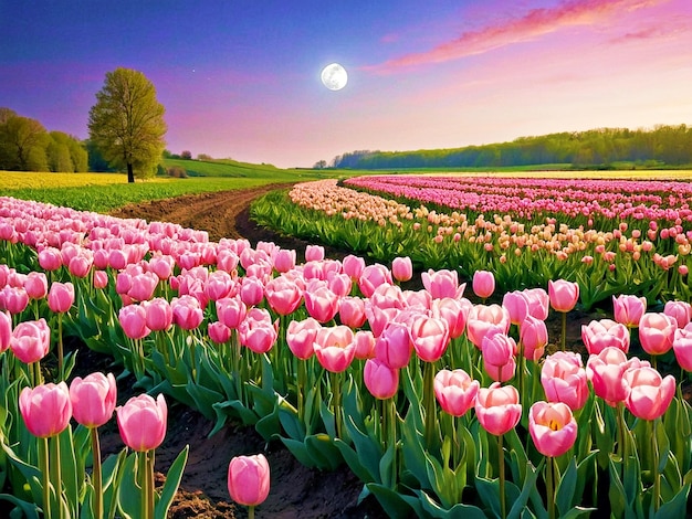 Photo pink tulips nature moon flowers spring scenery bloom fields