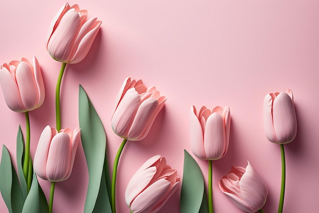 pink tulips on a pink background with green leaves