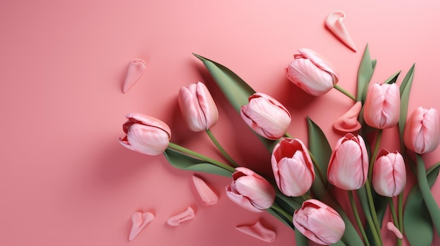 Pink tulips on a pink background with petals scattered around.