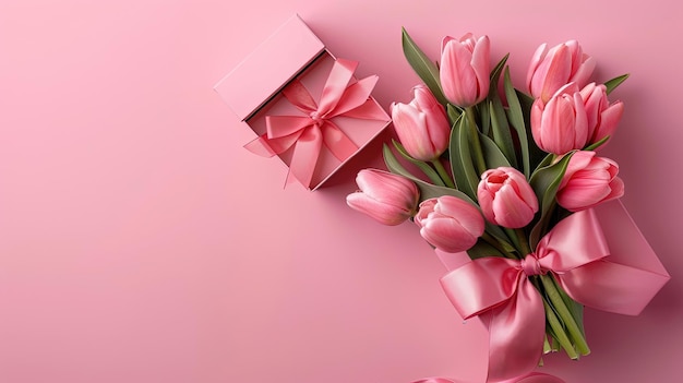 pink tulips and a pink box with a pink ribbon on the pink background