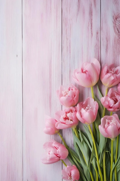 Pink tulips on a pink wooden background