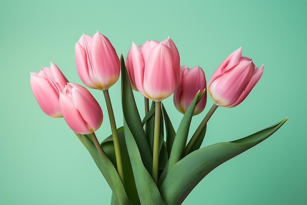 Pink tulips on pistache green background for mothers day