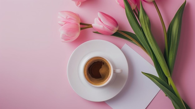 pink tulips and a white paper mockup top view background spring mockup