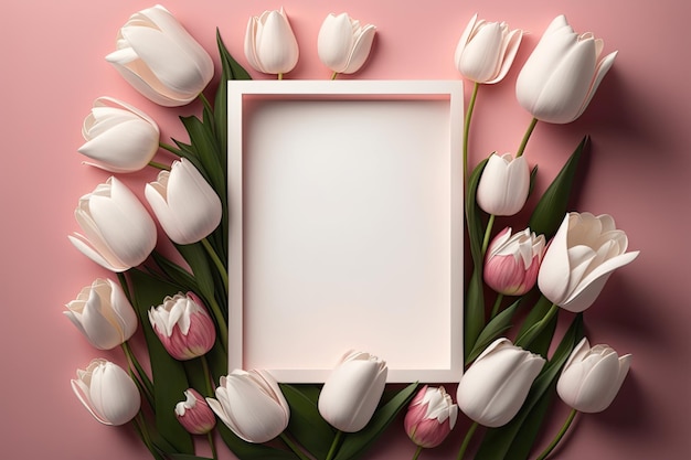 Pink Tulips with Blank Box on Pink Background with Copy Space for Text