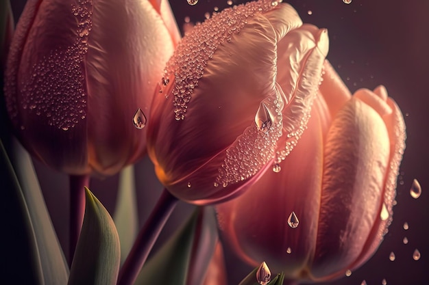 Pink tulips with dew drops Generative AI