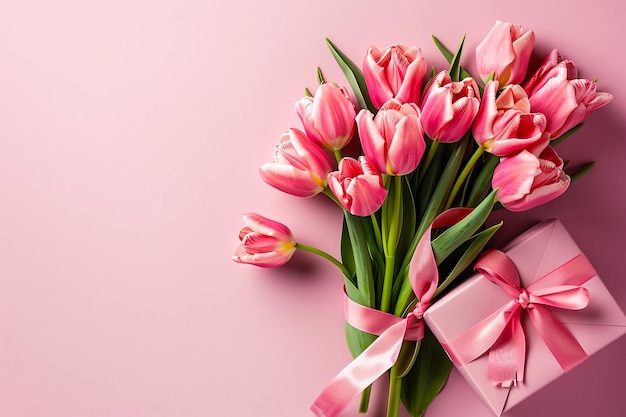 pink tulips with a ribbon tied around the neck