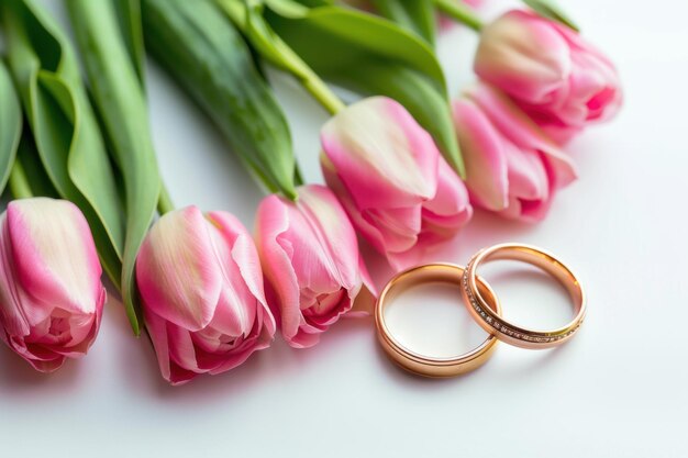 Photo pink tulips with wedding rings on white background elegant and romantic floral arrangement