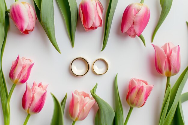 Pink Tulips with Wedding Rings on White Background Elegant and Romantic Floral Arrangement