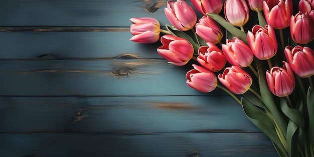 pink tulips on wooden background Generative AI