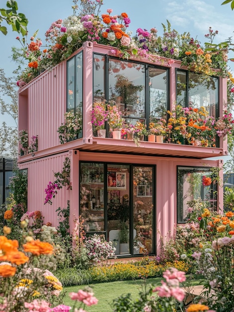 Photo a pink twostory container building sits in a garden blending large glass windows with floral decor