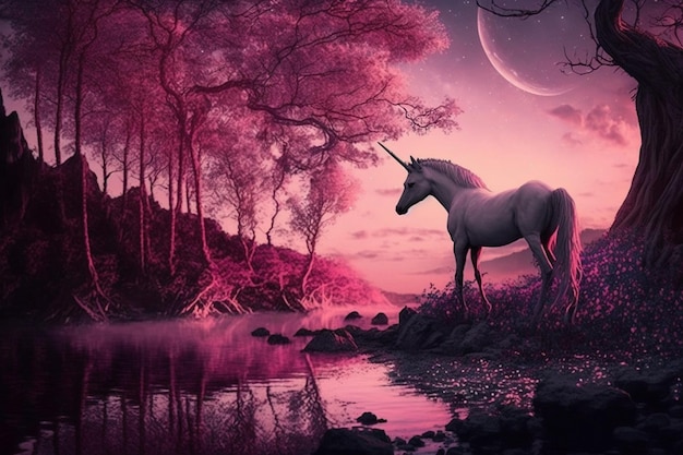 A pink unicorn stands in the middle of a forest.