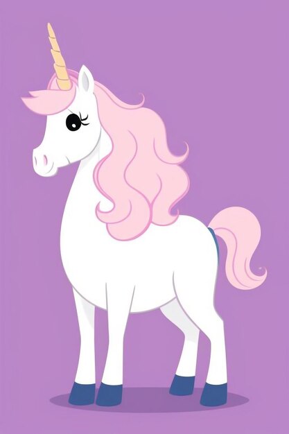 Photo a pink unicorn with a pink mane and pink ears is standing on a purple background