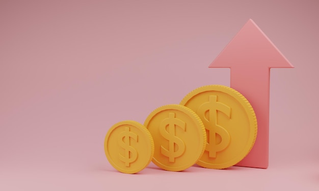 Pink up arrow and coin on pink pastel background Financial success and growth conceptCashback and bankingmoneysavingmoney transfer onlineIsolate background3D rendering illustration