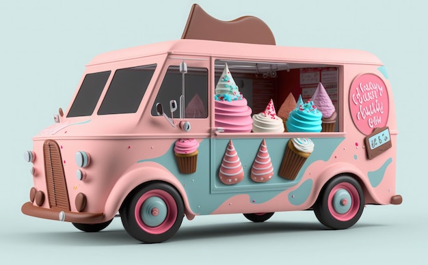 A pink van with a cupcake on the front.