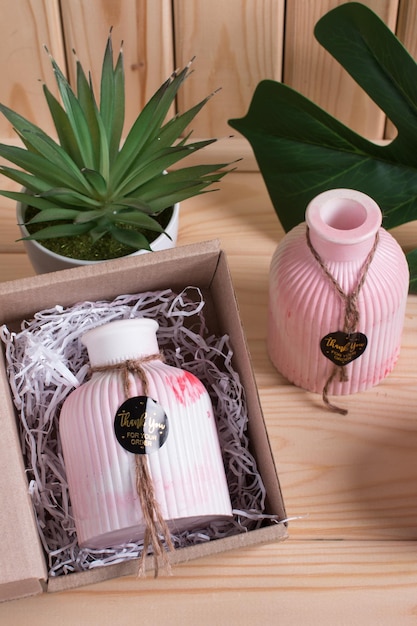 Pink vase made of pink concrete a jar with a lid box Gift set for March 8th Women's International Day