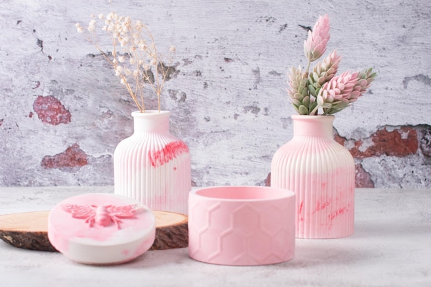 Pink vase made of pink concrete a jar with a lid box Gift set for March 8th Women's International Day