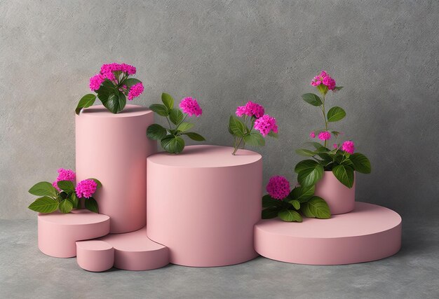 A pink vase with a bunch of flowers on it