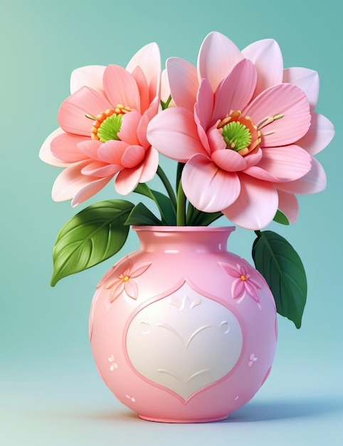 a pink vase with pink flowers and a heart on the top