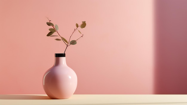 A pink vase with a plant in it that has a black rim and a black rim around it.