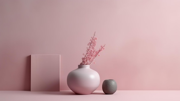 A pink vase with a small grey ball on the table next to it.