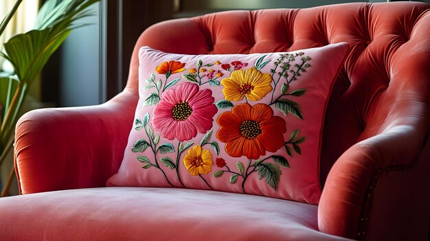 Pink Velvet Armchair with Embroidered Floral Pillow Illustration