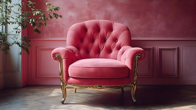 Pink Velvet Armchair with Golden Legs 3D Render