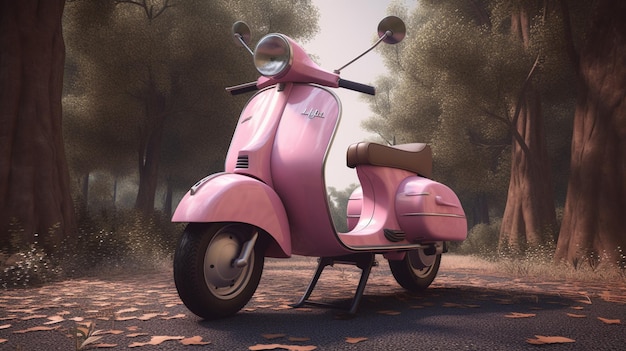 A pink vespa is parked on the road in the woods.