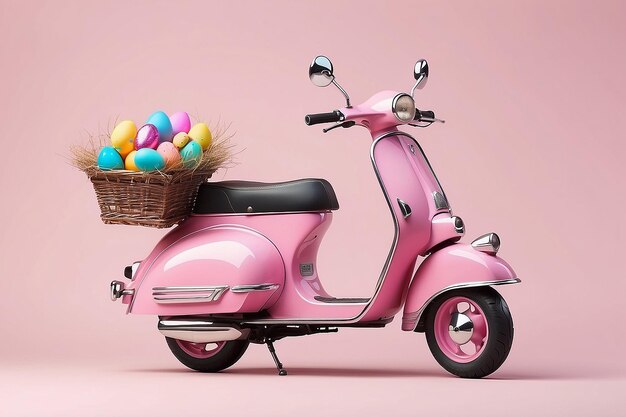 Pink vintage scooter with gift box for Happy easter day easter delivery with colorful egg Easter