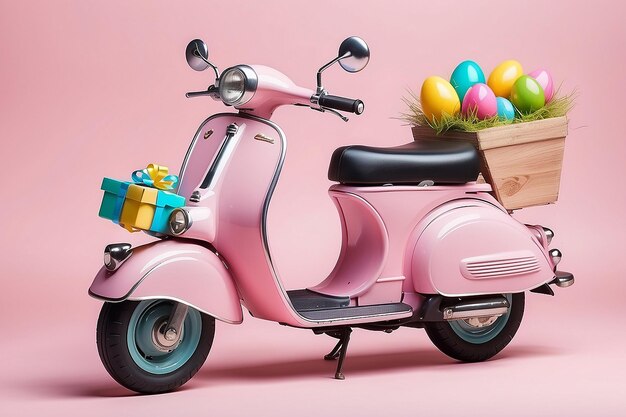 Pink vintage scooter with gift box for Happy easter day easter delivery with colorful egg Easter