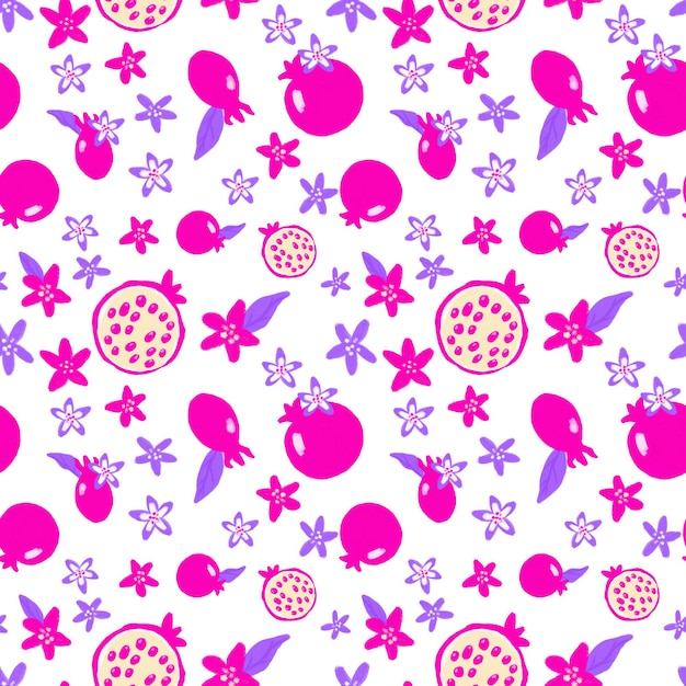 Pink violet pomegranate seamless pattern Fruit flower on white Cute cartoon  botanical repeat print