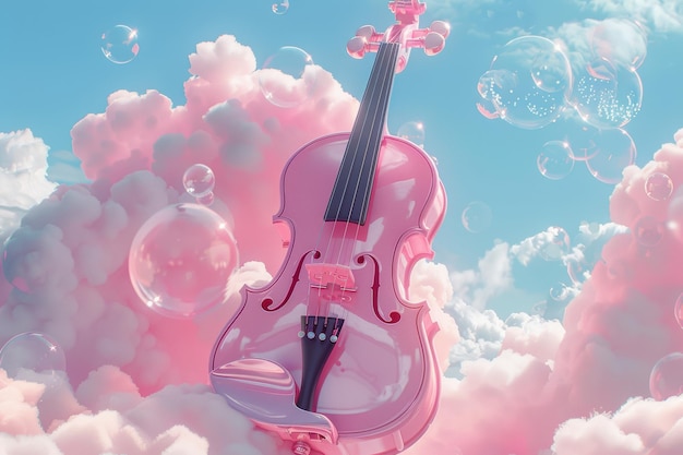 Photo pink violin floating in a dreamy sky