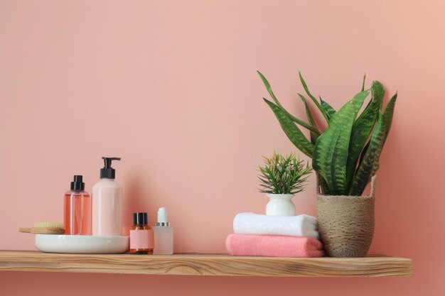 Pink Wall Bathroom Shelf With Towels Plants and Bottles