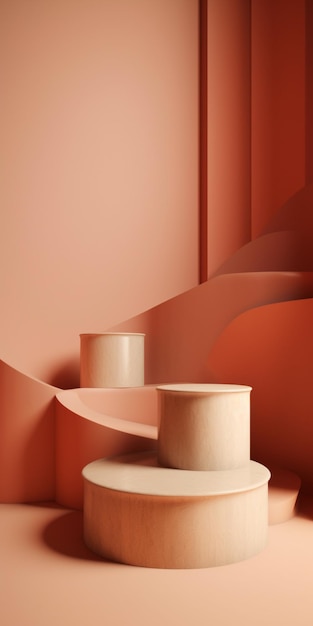 A pink wall with a curved line of shapes and a vase on it.