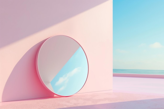 A pink wall with a large mirror on it