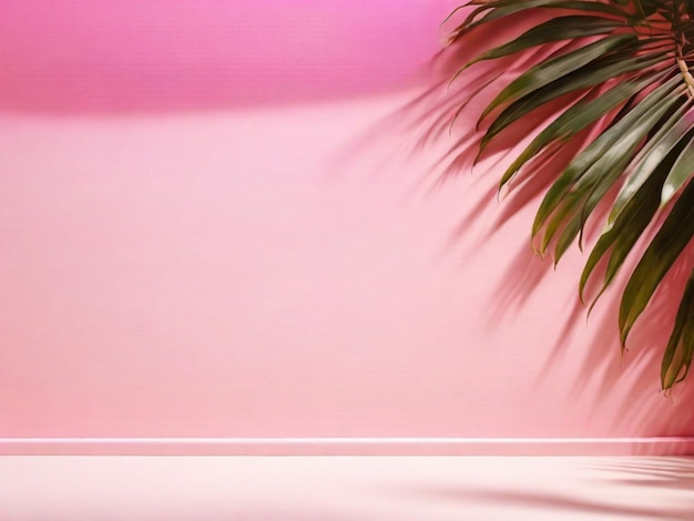 Pink wall with palm tree and shadow from palm leaves