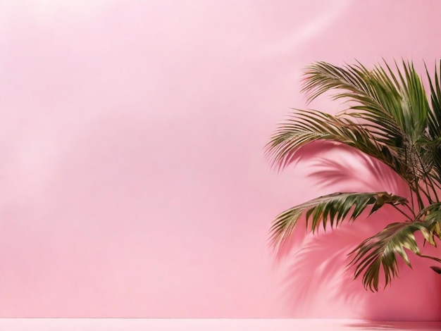 Pink wall with palm tree and shadow from palm leaves