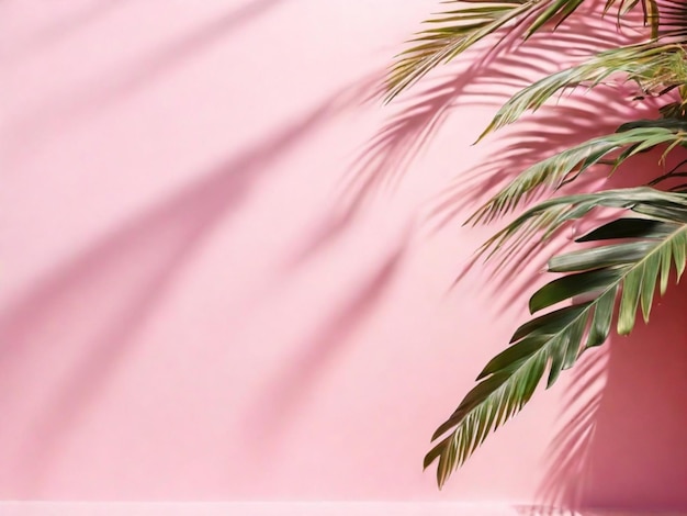 Pink wall with palm tree and shadow from palm leaves