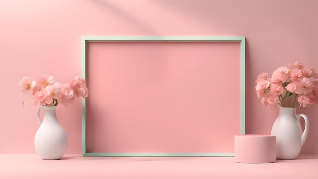 a pink wall with a picture frame and vases of flowers