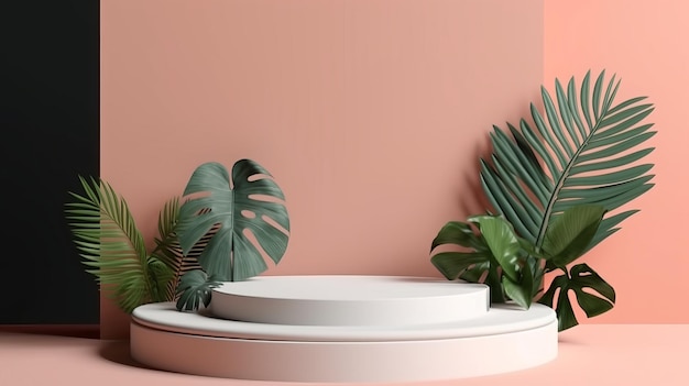 A pink wall with a plant on it and a pink background with a green plant on it.