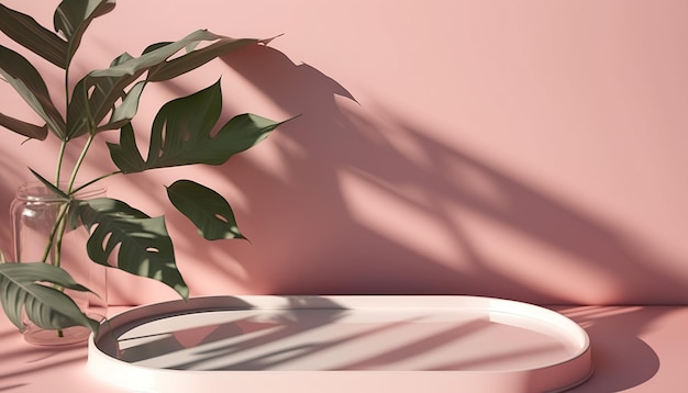 A pink wall with a plant and a plant in the corner