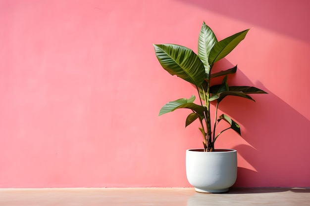 A pink wall with a plant in a pot and a green leaf in the