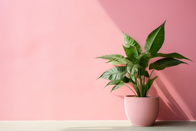 A pink wall with a plant in a pot and a green leaf in the